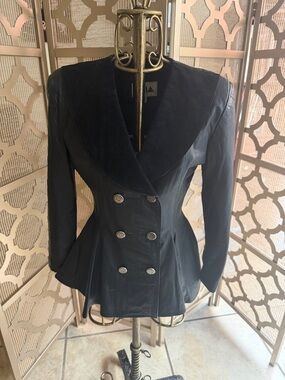Black Double-Breasted Women's Leather Peplum Jackets vintage